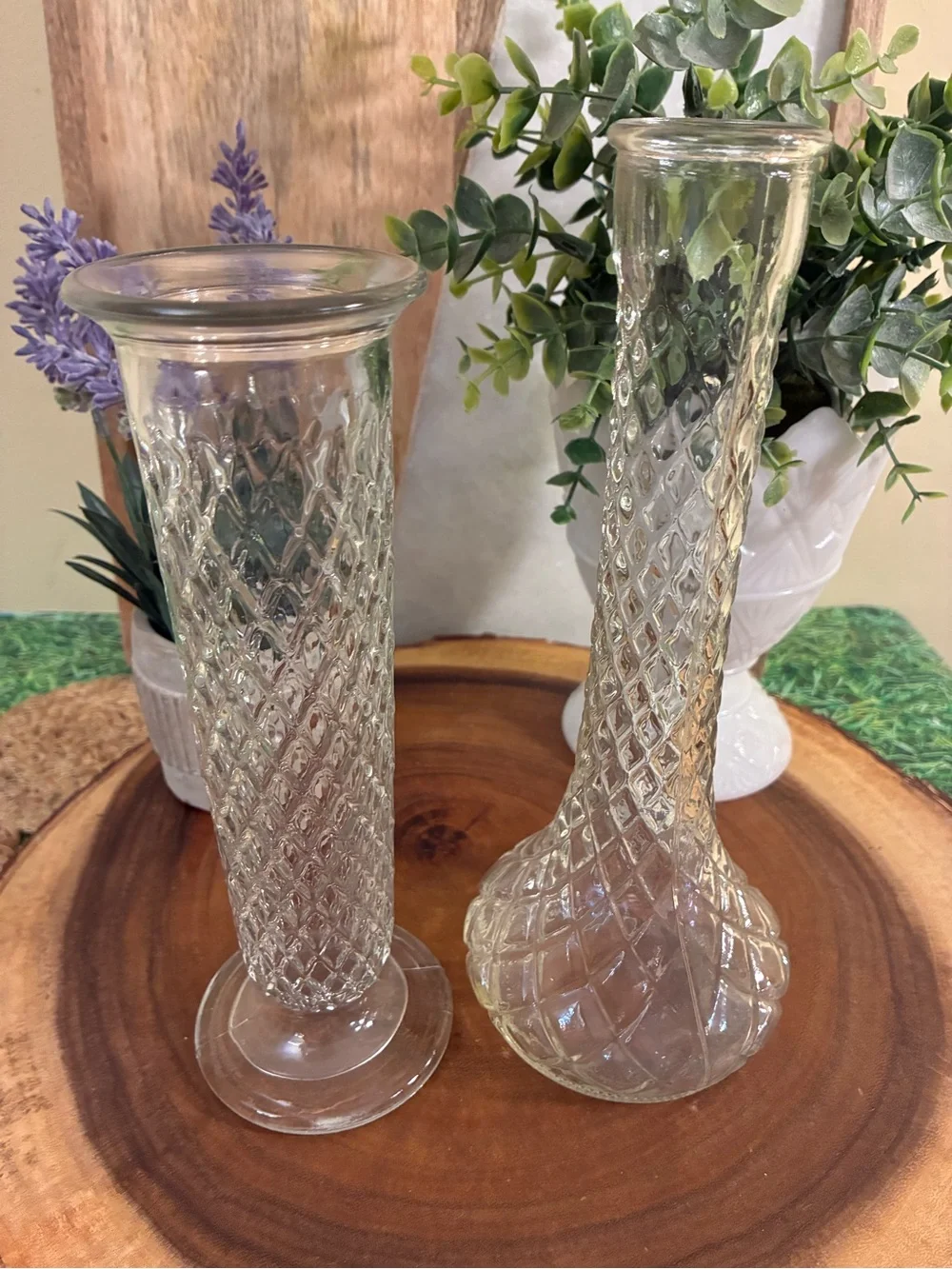 Clear Diamond-Texture Glass Bud Vases - Set of 2